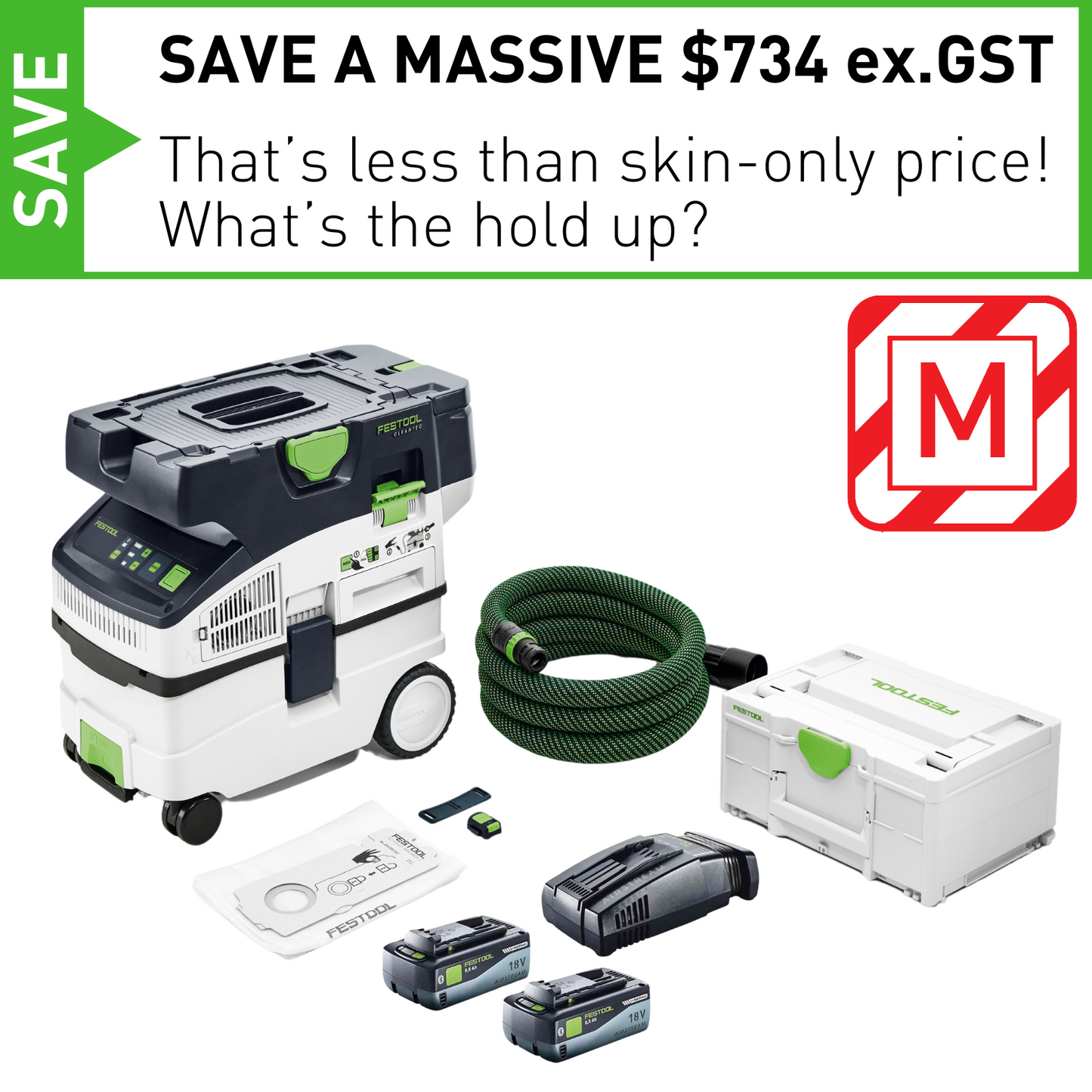 Festool Cordless Mobile Dust Extractor CTMC MIDI I 8Ah Kit With 8Ah Batteries & Charger (577067-Kit-8)