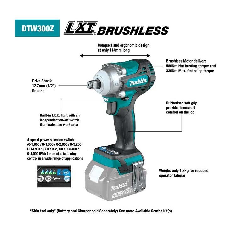 Makita 18V LXT 4-Mode Brushless 330Nm ½" Impact Wrench Skin DTW300Z tool-junction-nz