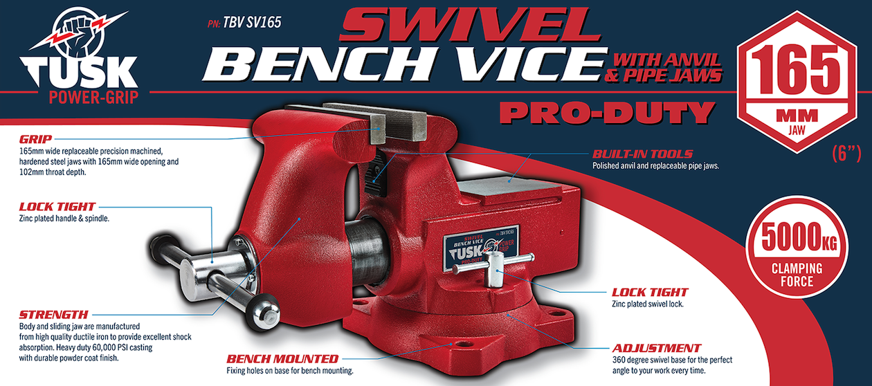 Tusk Swivel Bench Vice with Anvil and Pipe Jaws 165mm (7") Red