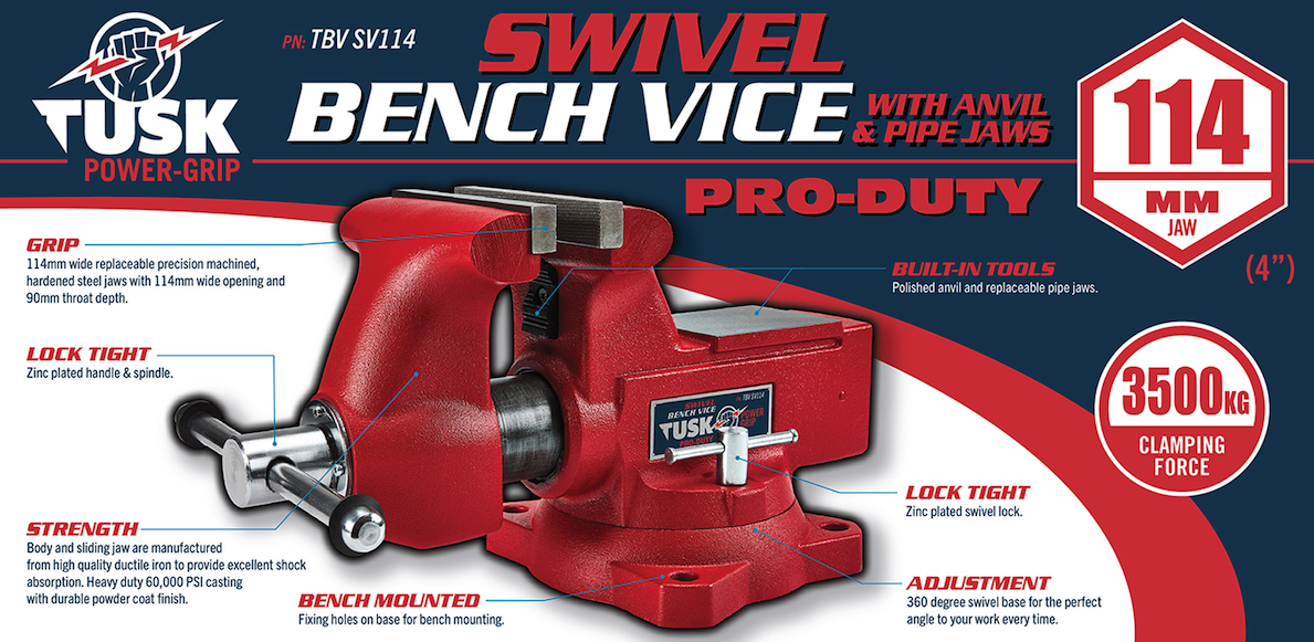 Tusk Swivel Bench Vice with Anvil and Pipe Jaws 114mm (4.5") Red