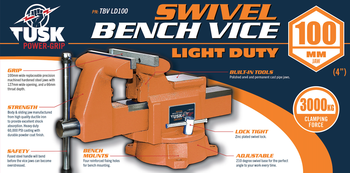 Tusk Bench Vice Light Duty 100mm (4") Orange