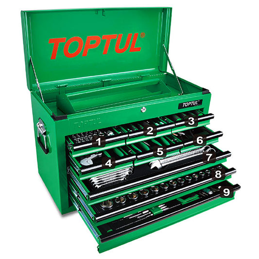 Toptul Tool Kit 186pc w/ 9 Drawer GREEN Top Tool Box SAE/MM (gcbz186a)