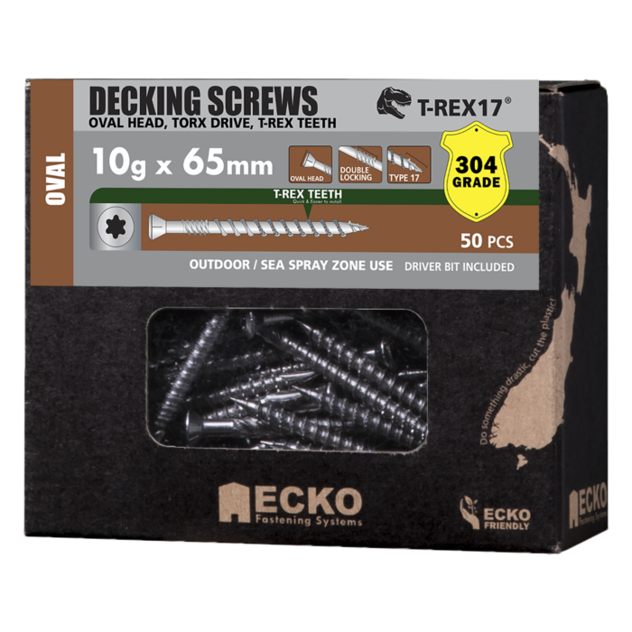 Decking Screw Oval Head SS304 10Gx65 T-REX17 50-1000 Pk tool-junction-nz